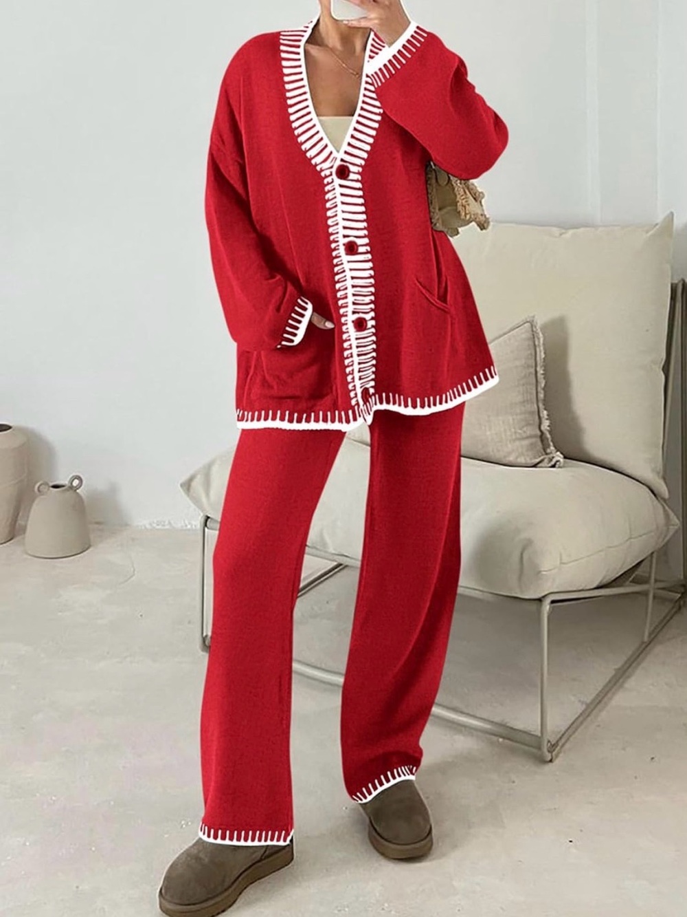 Red V-Neck Cardigan Sweater and pant with White Trim